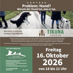 F&uuml;r den Vortrag unserer Freundin Michaela Nickel von @tikunacoaching sind noch Pl&auml;tze frei. Diesen Freitag, 16.10.26, von 18.00 Uhr bis 21.00 Uhr, 40 Euro pro Person.

Es werden zentrale Fragen beleuchtet:
Warum versteht mein Hund mich nicht? 
Was mache ich falsch? 
Was stimmt nicht mit meinem Hund?
Oder bin ich das Problem? 
Trainiere und &uuml;be ich zu wenig? 
Warum klappt mein Hund das nicht?
Kann ich da wirklich nichts gegen tun? 
Ist mein Hund doch zu aggressiv, &auml;ngstlich, dick&ouml;pfig?

Erst wenn wir erkennen, woran es in unserem Verhalten liegt, dass der eigene Hund dieses oder jenes Verhalten zeigt, k&ouml;nnen wir positiven Einfluss auf sein Verhalten nehmen.

Verbindliche Anmeldung bitte via 
th-elisabethenhof@bmt-tierschutz.de

#seminar #anmelden #hunde #hundeleben