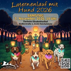 Am 07.11.26 ist es wieder soweit: Unser Laternenlauf mit Hund findet statt. Zuerst drehen wir gemeinsam mit Euch und Euren Hunden ein sch&ouml;nes R&uuml;ndchen durch Feld, Wiesen und Dorn-Assenheim. Im Anschluss k&ouml;nnen die verbrauchten Kalorien mit Gl&uuml;hwein, Gl&uuml;hpunsch, Eintopf und traditionellen (pflanzlichen) Schmalzbroten wieder aufgef&uuml;llt werden. Es werden Zelte, ein buntes Lichterspiel, W&auml;rmequellen unten ausreichend Sitzm&ouml;glichkeiten auf Euch warten, so dass wir den Abend gem&uuml;tlich ausklingen lassen k&ouml;nnen. Selbstverst&auml;ndlich bekommt auch jeder Hund ein Snackt&uuml;tchen, damit keiner in die R&ouml;hre schauen muss, w&auml;hrend wir Menschen es uns gut gehen lassen.

Eine vorherige Anmeldung ist f&uuml;r die Planung erforderlich. Hierf&uuml;r einfach eine Mail an th-elisabethenhof@bmt-tierschutz.de schreiben oder w&auml;hrend der Telefonzeiten (siehe HP) unter der 06035 96110 anrufen. 

Wir freuen uns schon sehr auf Euch und Eure Hunde. Jeder Hund, dem solch eine Veranstaltung Spa&szlig; machen w&uuml;rde, ist willkommen. &hearts;️